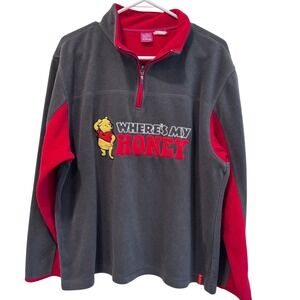 Disney Pooh Where's My Honey Vintage Fleece Pullover 1/4 Zip Gray Red size Large